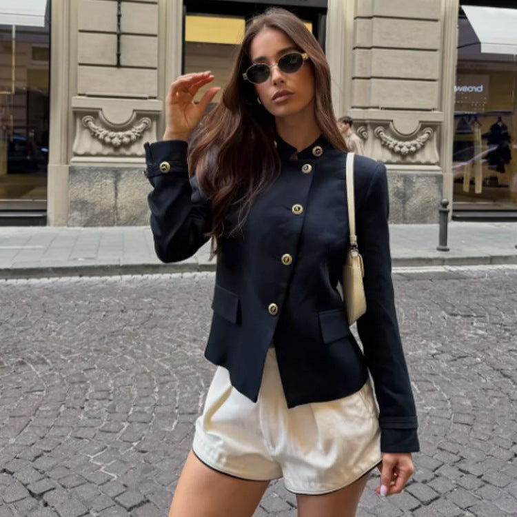 Damen Taillierter Blazer mit Stehkragen und goldenen Zierknöpfen Shop Nory