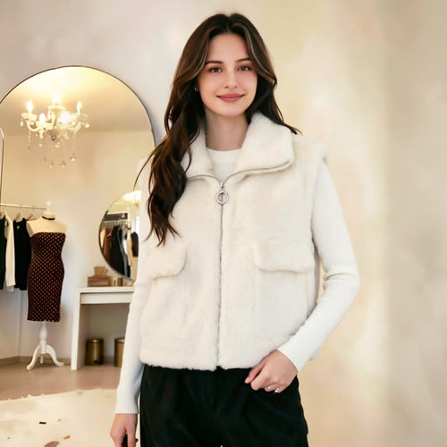 Damen Ärmellose Kunstfell‑Weste mit Stehkragen, Reißverschluss und Pattentaschen Shop Nory