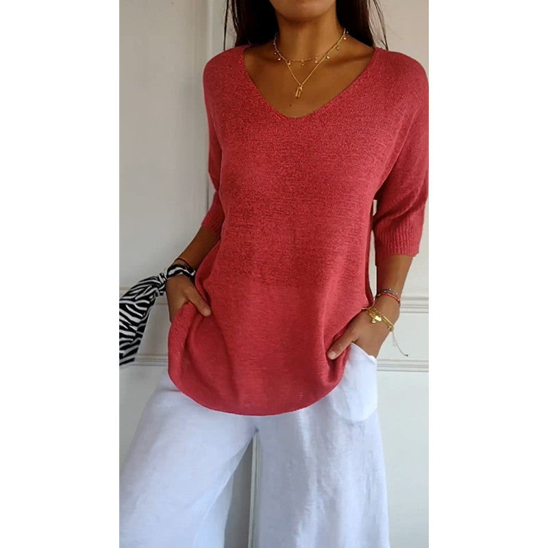 Damen nan locker sitzender V-Ausschnitt Feinstrickpullover mit dreiviertelÄrmeln Shop Nory