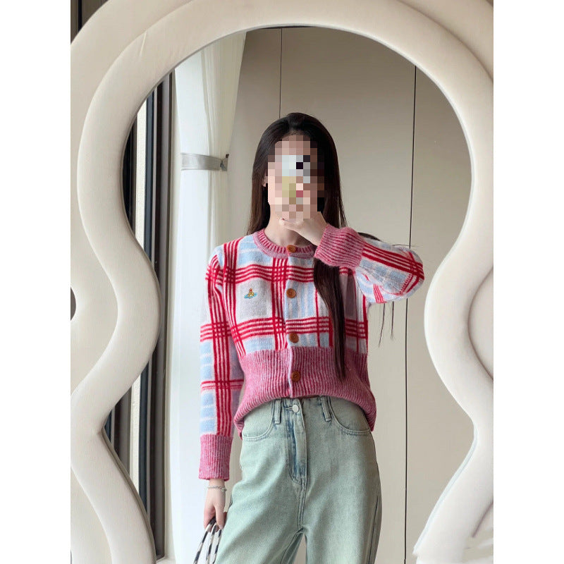Damen modischer Karomuster Cardigan Shop Nory