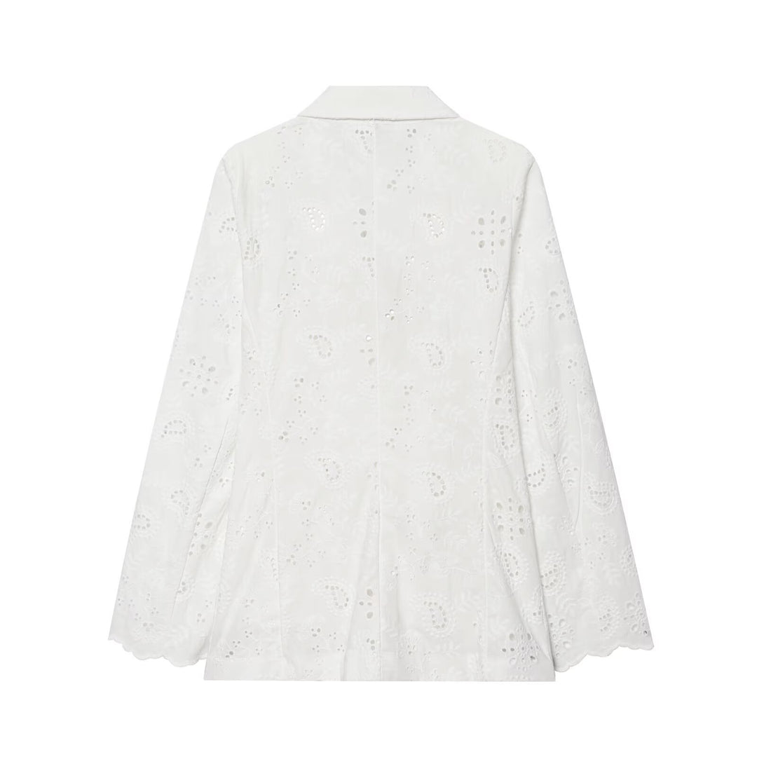 Damen Leichter Broderie-Anglaise-Blazer mit Schalkragen und Lochstickerei Shop Nory