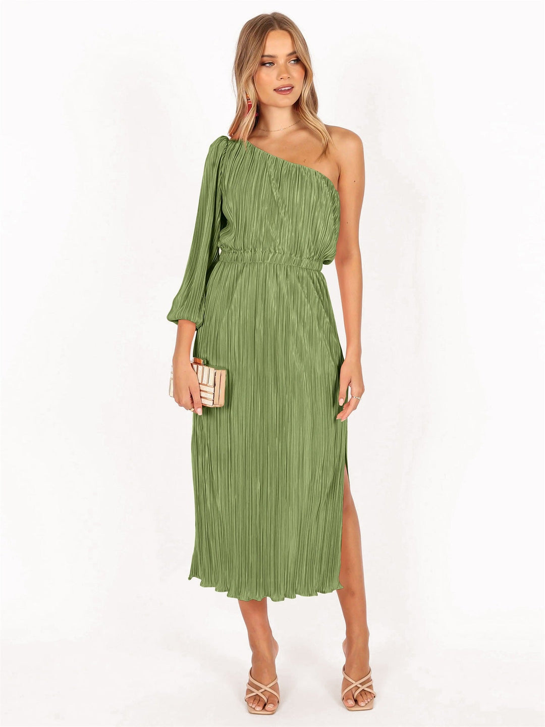 Damen Asymmetrisches Plisseekleid mit Taillengürtel
