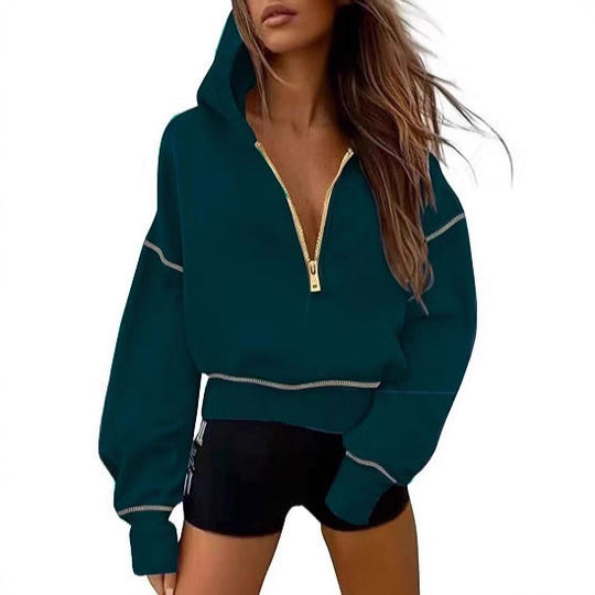 Damen nan cropped Kapuzenpullover mit halbem Reißverschluss und voluminösen Ballonärmeln Shop Nory