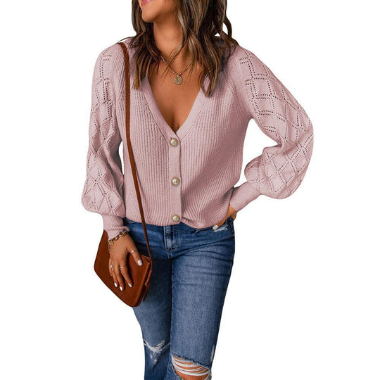 Damen Strickcardigan mit V-Ausschnitt, Zierknopfleiste und Ajourballonärmeln Shop Nory