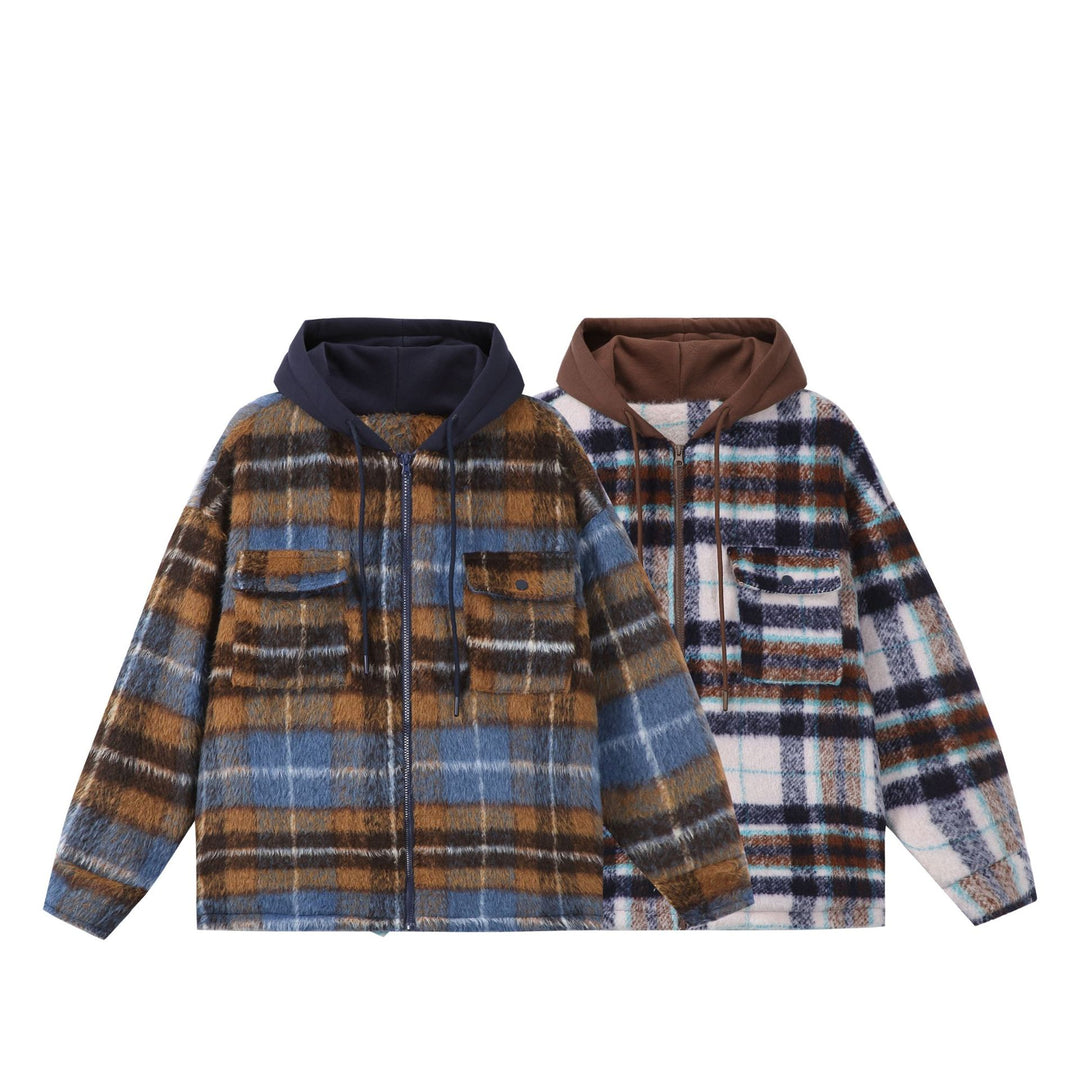 Unisex Kurz geschnittener kariertes Fellimitat-Blouson mit Kapuze und Reißverschluss Shop Nory