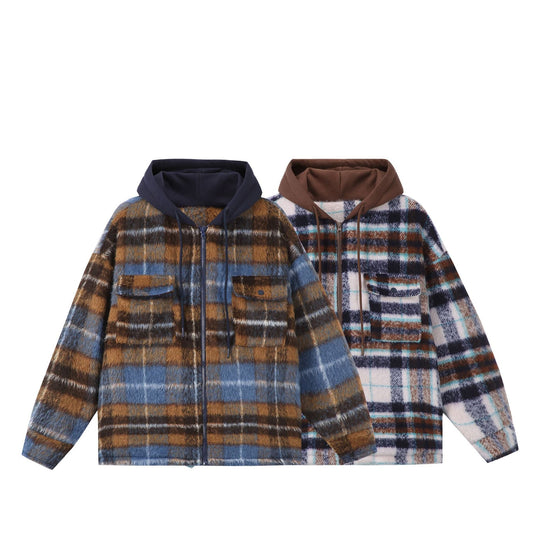 Unisex Kurz geschnittener kariertes Fellimitat-Blouson mit Kapuze und Reißverschluss Shop Nory