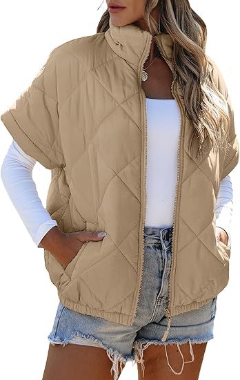 Damen Kurzärmelige gesteppte Weste mit Stehkragen, Reißverschluss und Eingrifftaschen Shop Nory