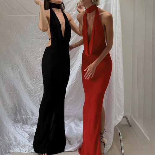 Damen Elegantes Maxikleid mit tiefem V-Ausschnitt und seitlichen Cut-Outs