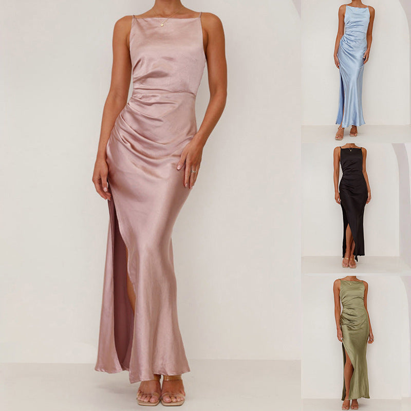 Damen Elegantes Satinabendkleid mit sexy Schlitz und raffiniertem Schnitt