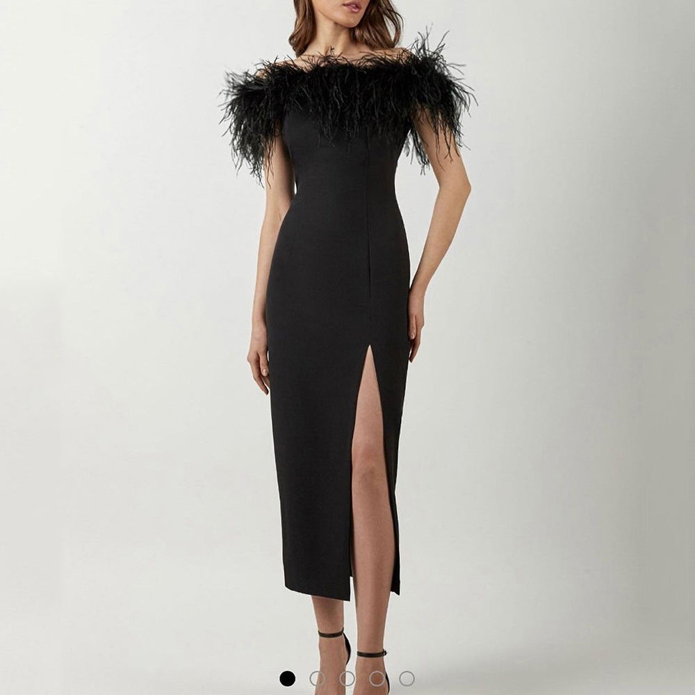 Damen Abendkleid mit federverziertem Oberteil und schlankem Schnitt