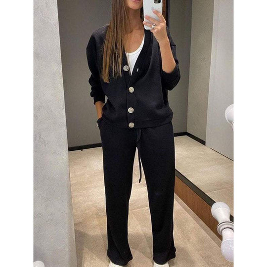 Damen Strick-Loungewear-Set mit V-Ausschnitt-Cardigan und weitem Kordelbund-Hose Shop Nory