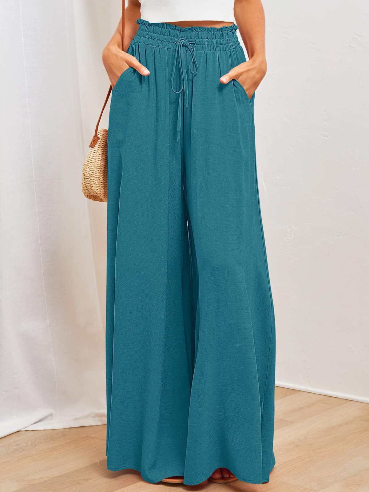 Elastischer Gürtel Weites Bein Hohe Taille Hose