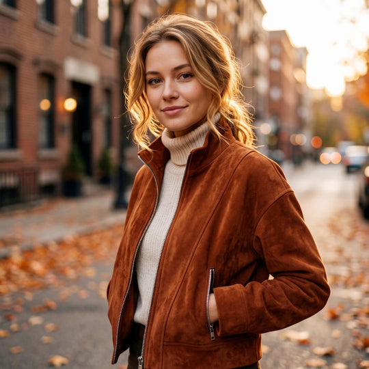 Damen Kurzjacke im Boxy-Cropped-Schnitt aus Velourslederoptik mit Stehkragen und Metallreißverschlüssen Shop Nory