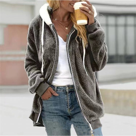 Damen Oversized Sherpa-Zipjacke mit Kontrastkragen, Rippbündchen und Kordelzug Shop Nory