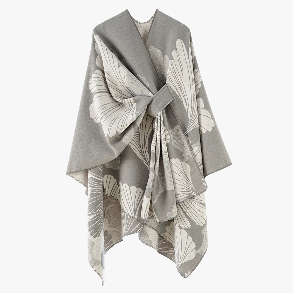 Damen Wickelponcho aus Jacquard mit floralem Muster und Taillengürtel Shop Nory