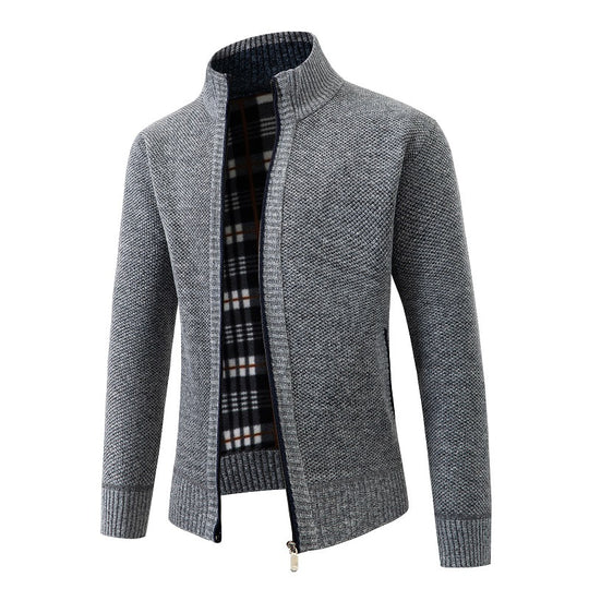 Herren Strukturiertes Zip-Strickjacke mit Karo‑Fleece‑Futter und Stehkragen Shop Nory