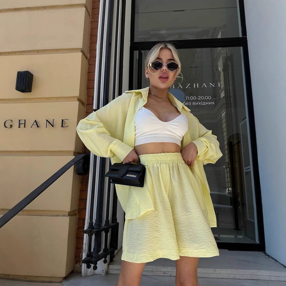 Damen Zweiteiliges texturiertes Loungewear‑Set mit Oversized‑Hemd und elastischer Taillen‑Shorts Shop Nory