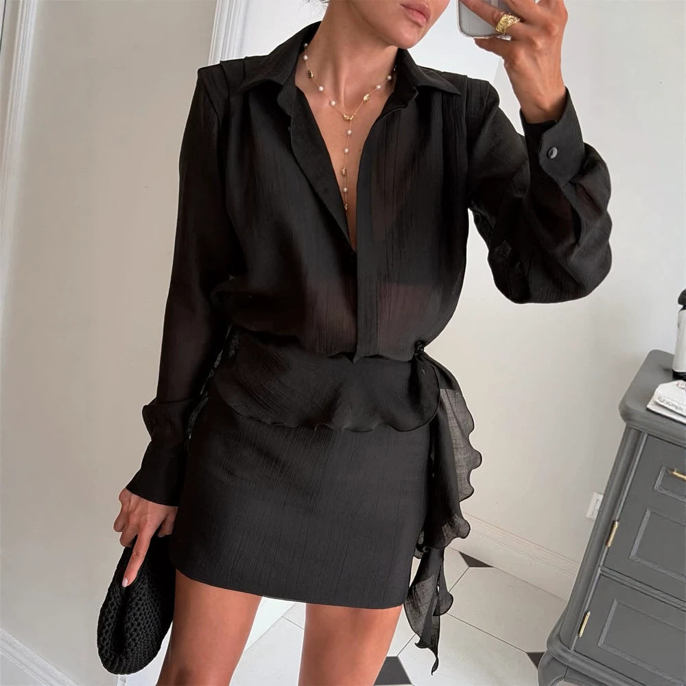Damen Zweiteiliges feines Crinkle-Chiffon-Set mit Hemdbluse und Wickel-Volant-Minirock Shop Nory
