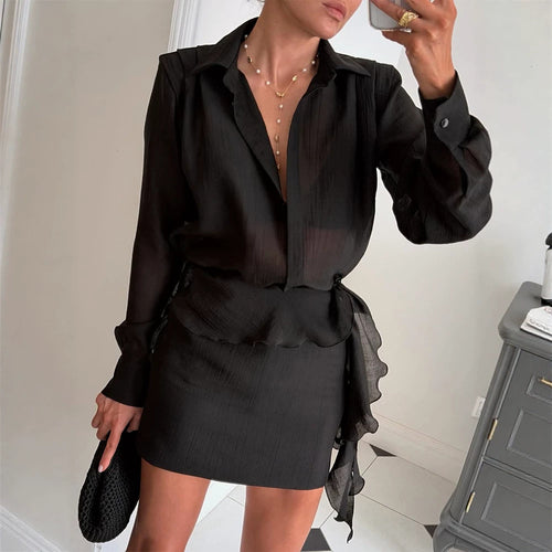 Damen Zweiteiliges feines Crinkle-Chiffon-Set mit Hemdbluse und Wickel-Volant-Minirock Shop Nory