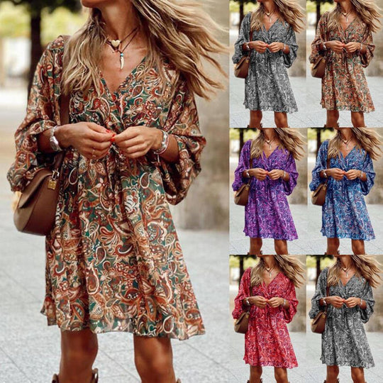Frauen Boho Mini Kleid mit Paisley-Druck, V-Ausschnitt, gebundenem Gürtel und Ballonärmeln Shop Nory