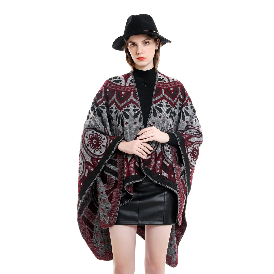Damen Wollmix-Umhangponcho mit ornamentaler Jacquardstruktur und offenem Fall Shop Nory