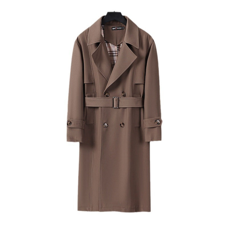 Herren Midilanger Doppelreihiger Trenchcoat mit Taillengürtel, abgefalcetem Revers und kariertem Innenfutter Shop Nory
