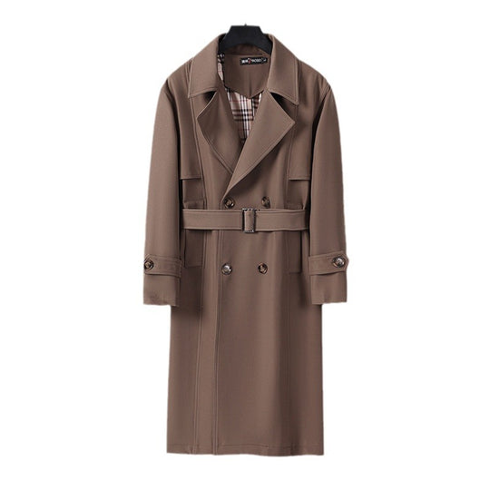 Herren Midilanger Doppelreihiger Trenchcoat mit Taillengürtel, abgefalcetem Revers und kariertem Innenfutter Shop Nory