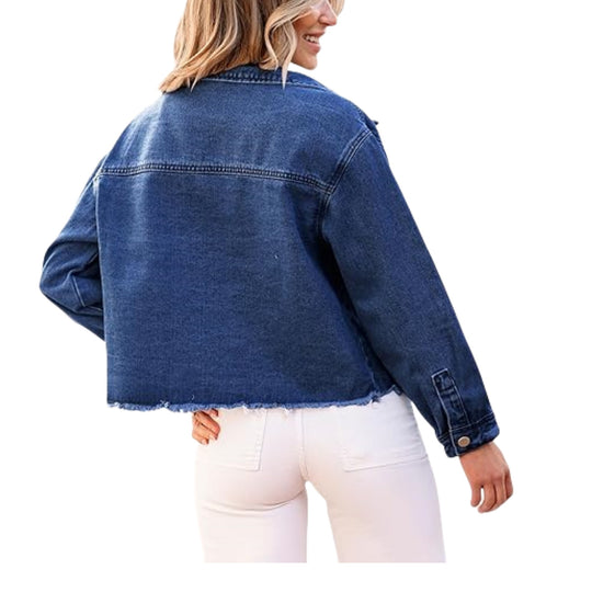 Damen Kurz geschnittene Oversize-Jeansjacke mit rohem Saum und aufgesetzten Brusttaschen Shop Nory