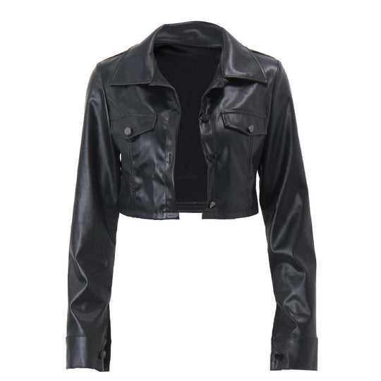 Damen Kurze Kunstlederjacke mit Hemdkragen und Druckknopfleiste Shop Nory