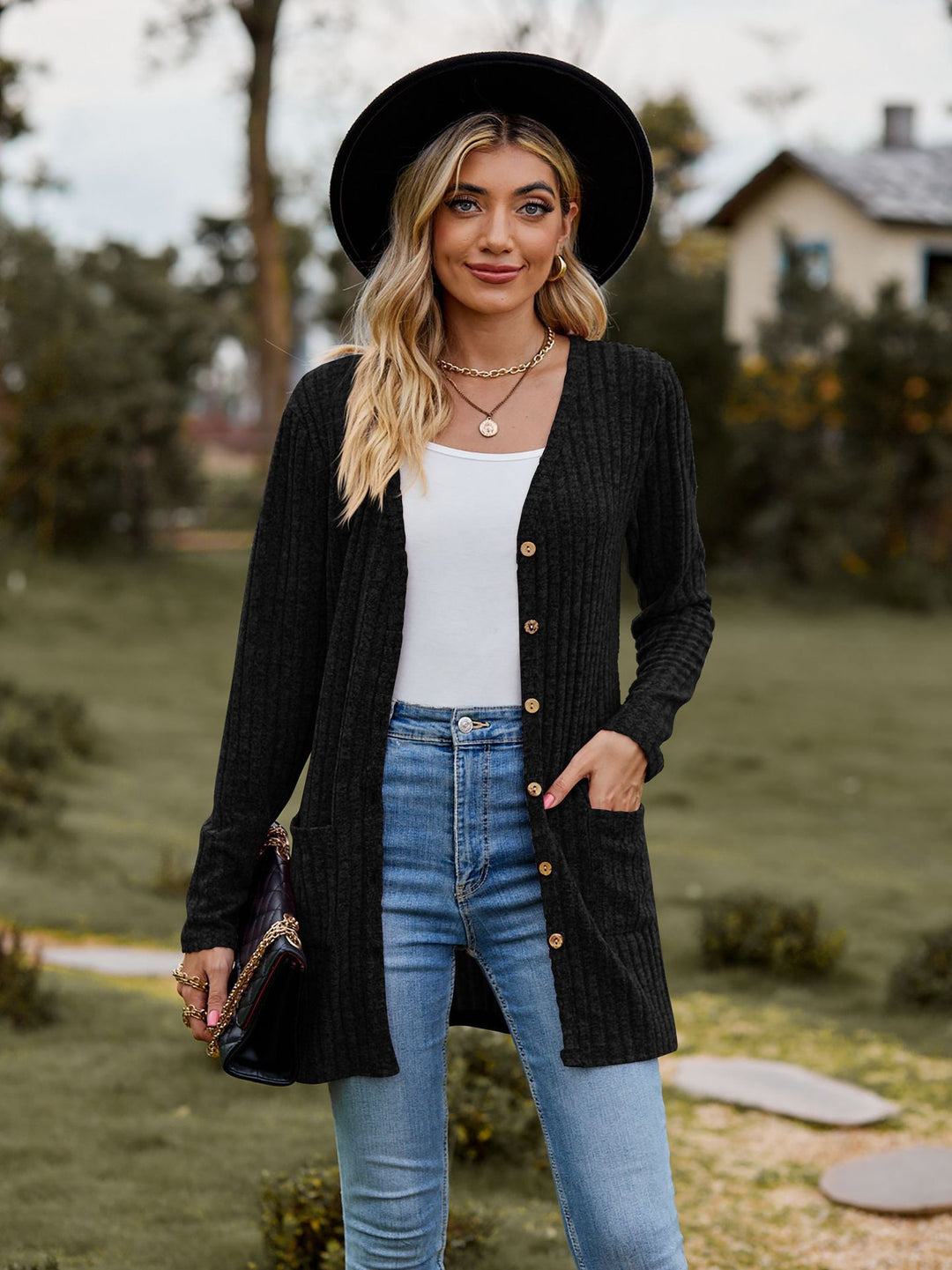 Damen nan langer gerippter Strickcardigan mit Eingrifftaschen und Holzknöpfen Shop Nory