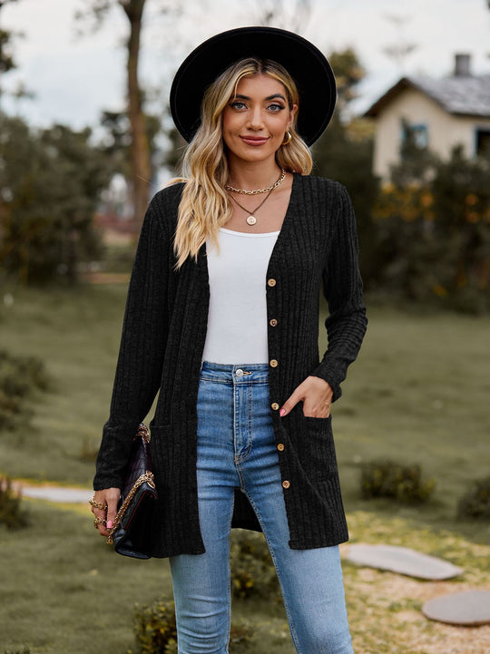 Damen nan langer gerippter Strickcardigan mit Eingrifftaschen und Holzknöpfen Shop Nory