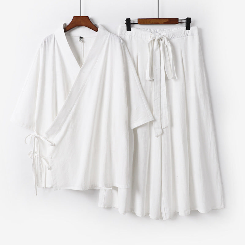 Damen Kimono-Loungewear-Set aus leichter Viskose mit Wickeloberteil und weitem Culotte-Hosenrock Shop Nory
