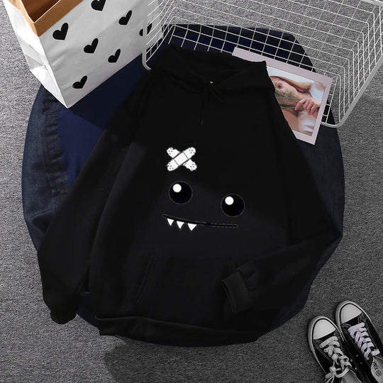 Damen nan Kapuzenpullover mit verspieltem Monstergesicht, Bandagen-Applikation und Kängurutasche Shop Nory