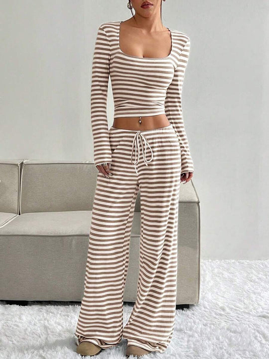 Damen Gestreifter Lounge-Zweiteiler mit weitem Bein und Cropped Langarmtop Shop Nory