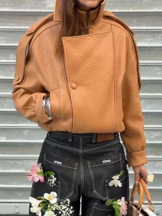 Damen Cropped Oversize-Jacke aus strukturiertem Kunstleder mit hohem Stehkragen Shop Nory