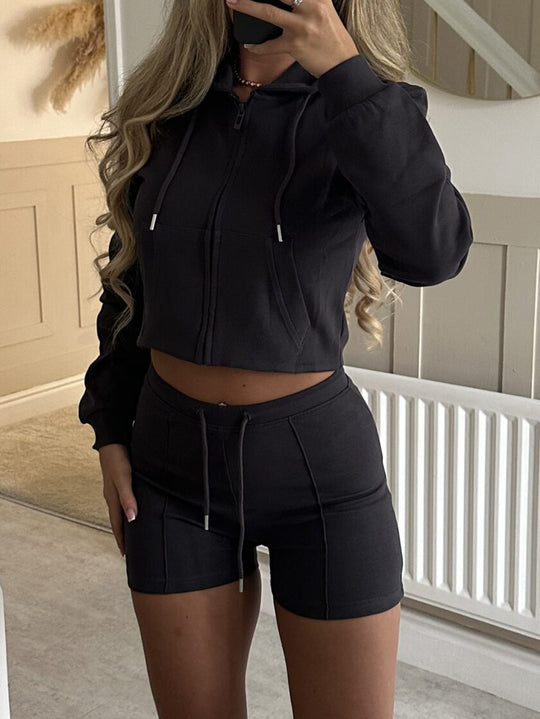 Damen nan lässiges Sweatshirt- und Short-Set mit dekorativen Schleifen-Applikationen, hohem Rundhalsausschnitt und Tunnelzugbund Shop Nory