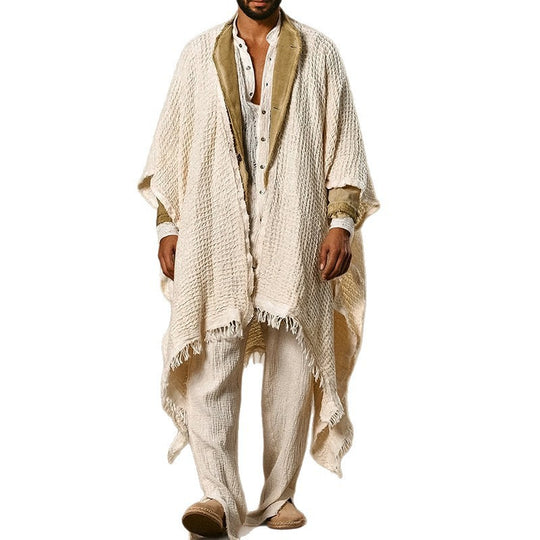 Herren weit geschnittener Baumwoll-Leinen Poncho mit Fransen und offener Front Shop Nory
