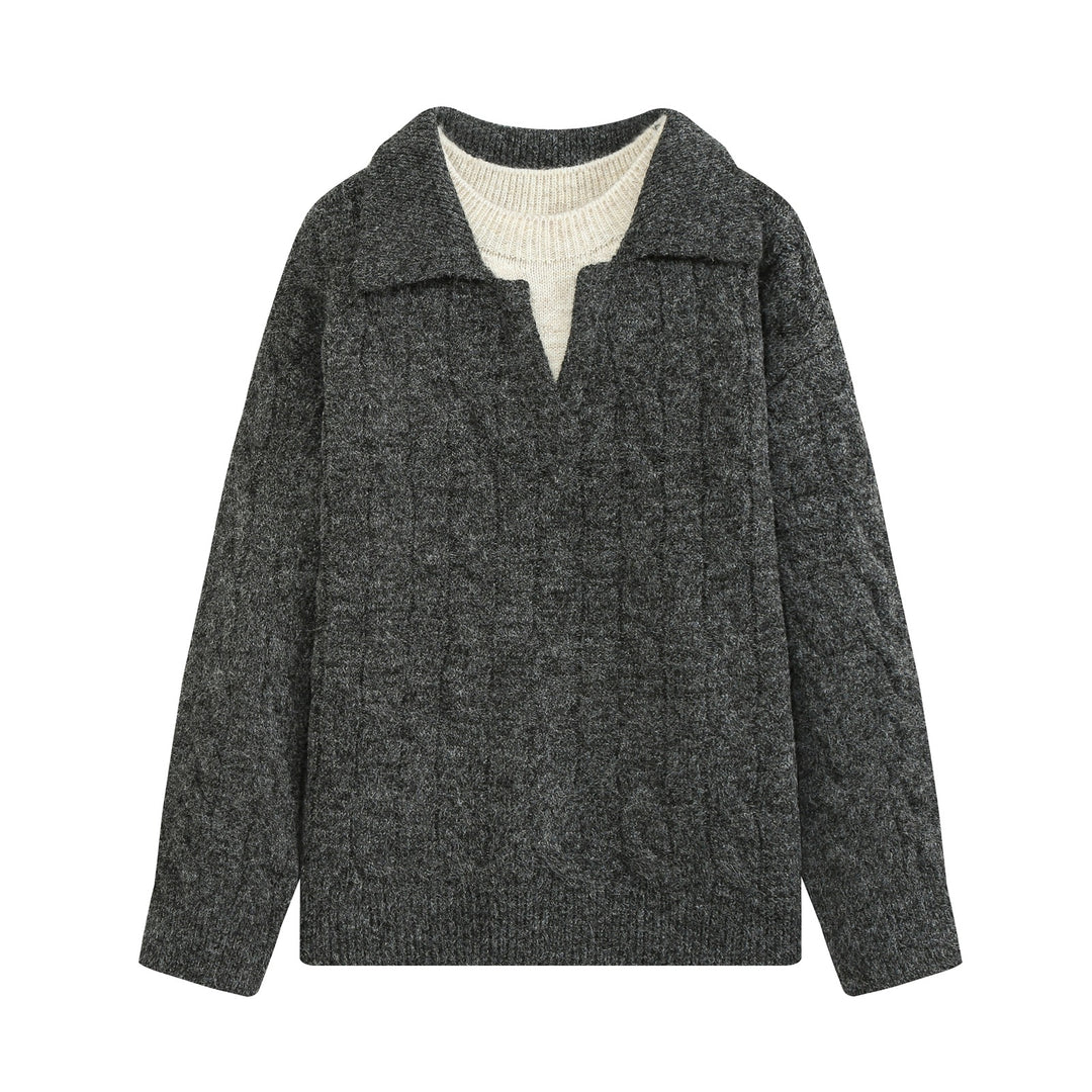Damen Grobgestrickter Zopfmuster-Pullover mit offenem Polokragen und V‑Ausschnitt Shop Nory