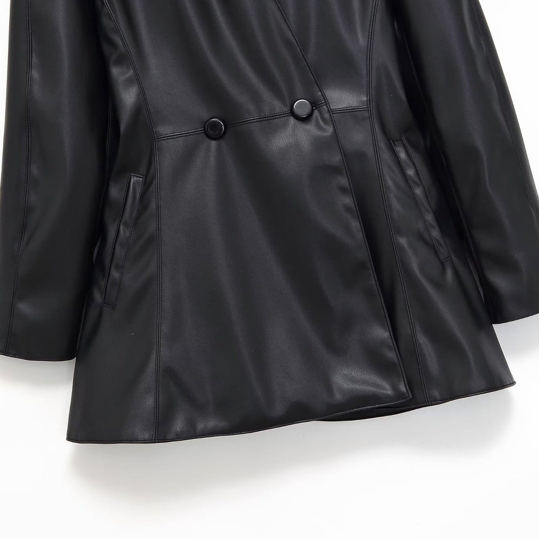 Damen taillierter zweireihiger Kunstleder‑Midimantel mit Schalkragen und Pattentaschen Shop Nory