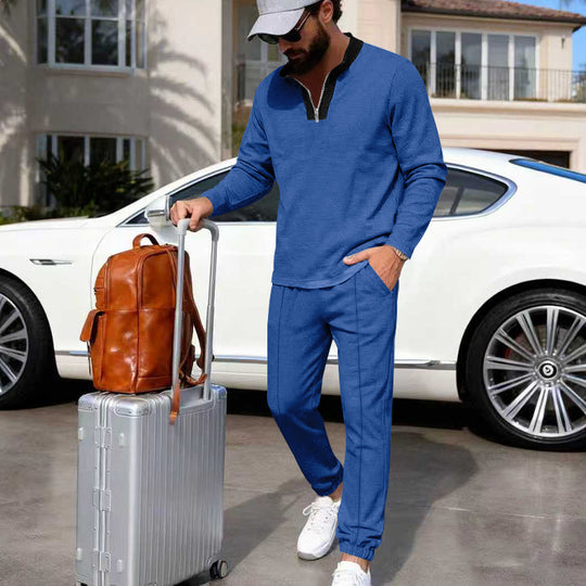 Herren Leichtes Henley-Loungewear-Set mit Kontrastkragen, Tunnelzug-Jogger und elastischen Bündchen Shop Nory