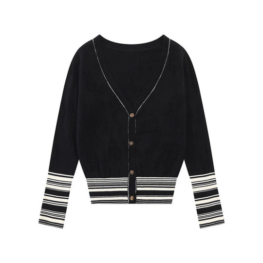 Damen Strickjacke mit V‑Ausschnitt, feinem Jacquardmuster und kontrastierenden Bündchen Shop Nory
