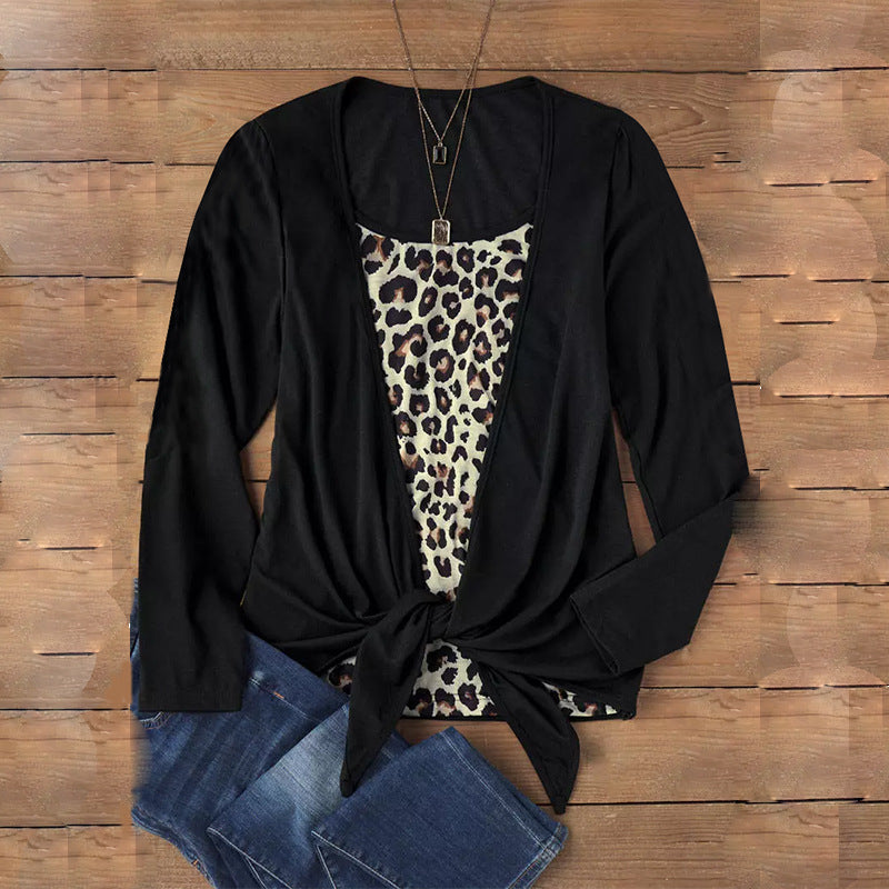 Damen Langarmshirt mit Leoparden-Print-Einsatz und Knotenfront Shop Nory