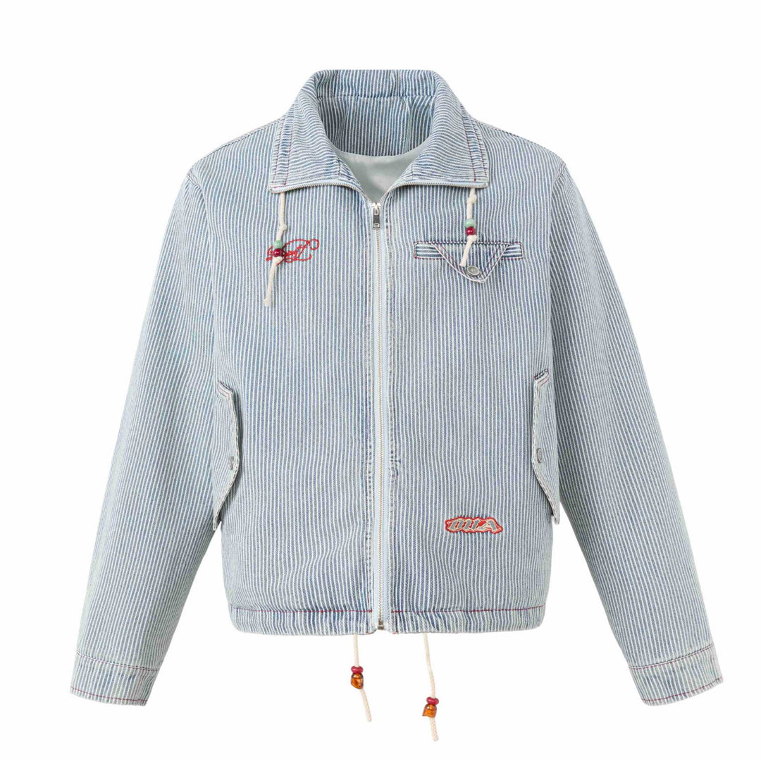 Unisex Kurze gestreifte Denim-Blousonjacke mit Zierkordeln Shop Nory