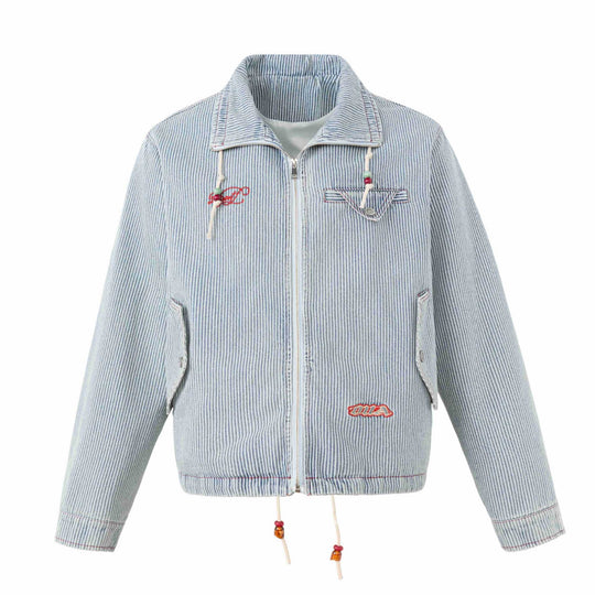 Unisex Kurze gestreifte Denim-Blousonjacke mit Zierkordeln Shop Nory