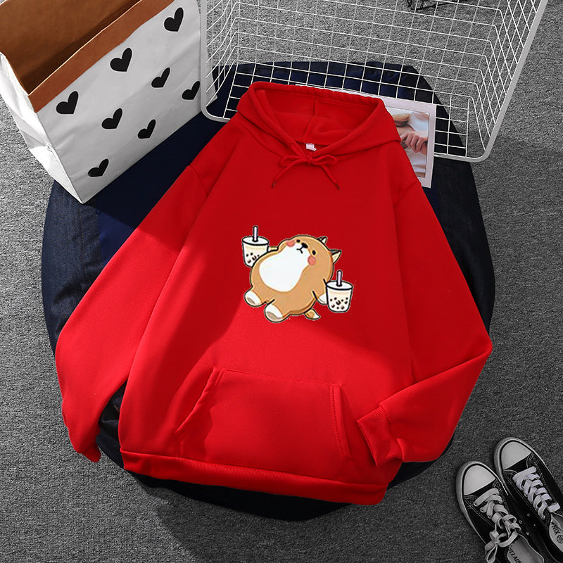 Damen nan niedlicher Kapuzenpullover mit Kängurutasche, oversized Schnitt und Bubble‑Tea Corgi-Print Shop Nory