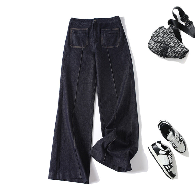 Damen High‑Waist Weite Denimhose mit durchgehender Mittelnaht und aufgesetzten Taschen Shop Nory