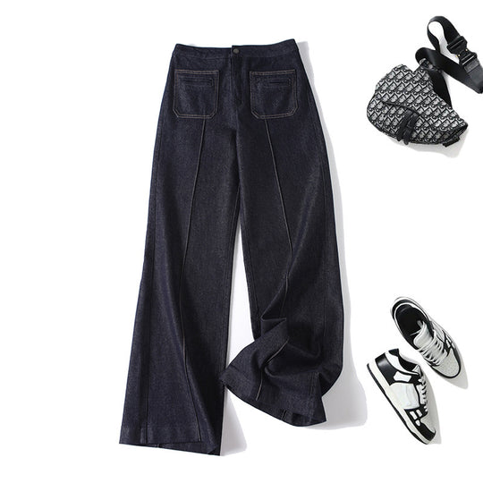Damen High‑Waist Weite Denimhose mit durchgehender Mittelnaht und aufgesetzten Taschen Shop Nory