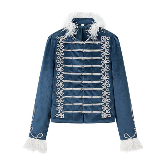 Damen Samt-Militärjacke mit Federbesatz und Zierpaspelierung Shop Nory
