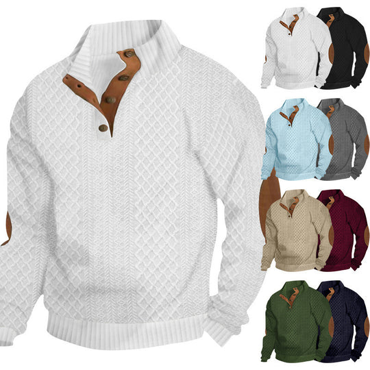 Herren nan grober Strickpullover mit Stehkragen Lederbesatz und Ellenbogenaufnähern Shop Nory