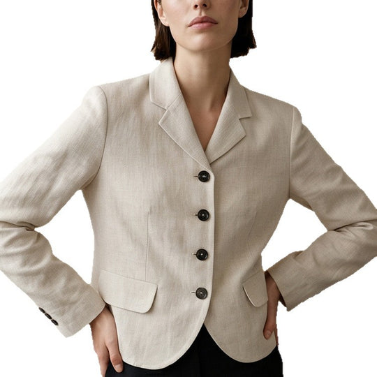Damen Taillierter Leinenblazer mit Schößchen, Pattentaschen und durchgehender Knopfleiste Shop Nory